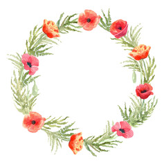 Watercolor floral wreath or frame with poppy flowers. Hand painted illustration on white background. Red and green colors. Great for greeting cards, wedding invitation, home posters.