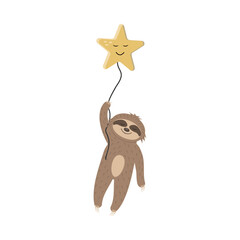 Cute sloth character flying on a star, color isolated boho style illustration