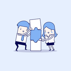 Businessman and businesswoman with puzzle box. Business and partnership concept. Cartoon character thin line style vector.