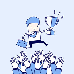 Businessman fighting for a winning trophy. Businessman with a trophy jumping on a challenger's hand. Cartoon character thin line style vector.