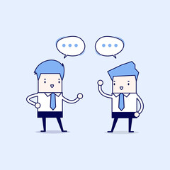 Two businessmen talking and discussing about business strategy. Cartoon character thin line style vector.