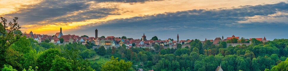 Skyline panorama of Rothenburg ob der Tauber at sunrise. Germany