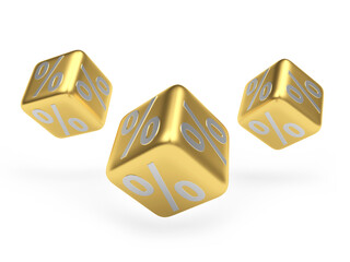 Three golden dice with percentage signs isolated on white background. 3D illustration 