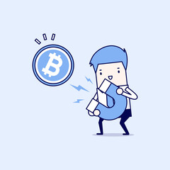 Businessman attracting bitcoin with a large magnet. Cartoon character thin line style vector.