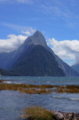 View on Mitre Peak iconic landmark of Milford Sound in Fiordland National Park, New Zealand, South island