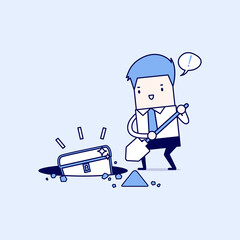 Businessman digging ground for a treasure. Cartoon character thin line style vector.