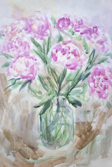 Simple rustic peony bouquet in a three-liter glass jar. Contemporary eco-friendly concept in color of season 2022. Watercolor painting brush strokes texture with blobs smudges and stains.