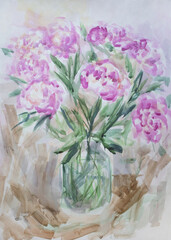 Fototapeta na wymiar Contemporary eco-friendly concept. Hand painted peonies color of season 2022. Watercolor painting brush strokes texture with smudges and stains. Lovely zero waste design.