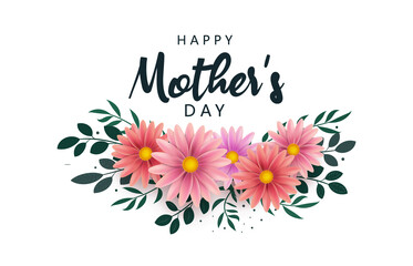 Happy Mother's Day lettering on white. Bright illustration with red flowers and shadow. Paper flowers for the holiday.