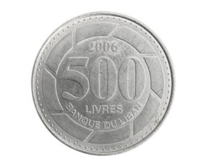 Lebanon five hundred livres coins on a white isolated isolated background