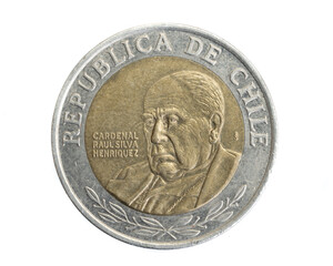 Chile five hundred pesos coins on white isolated isolated background