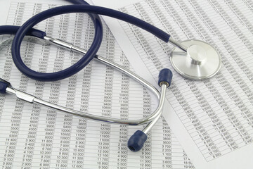 Cost of medical service concept, stethoscope on financial data
