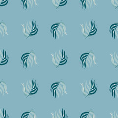 Doodle simple style seamless pattern with leaves branches tropical print. Blue pastel background.