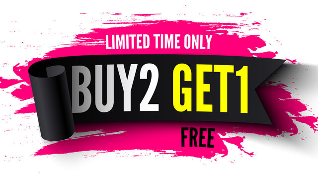Buy 2, free get 1 sale banner with black ribbon and pink brush strokes. Vector illustration.