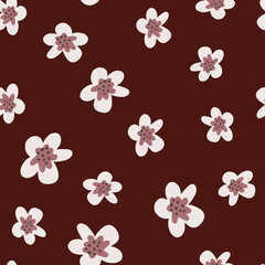 Seamless abstract botanic pattern with light flowers silhouettes ornament. Dark maroon background.