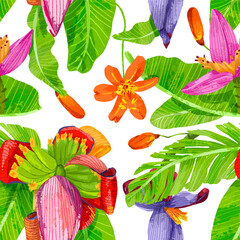 Obraz premium Tropical exotic paterrn with floral banana palm beach tree. Seamless colorfull wallpaper. Decorative abstract design on a white background.