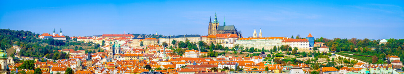 Fototapeta premium Aerial panorama of Prague with St. Vitus cathedral on top, Czech Republic