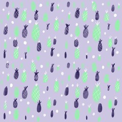 pattern many delicious cute pineapples falling on purple background