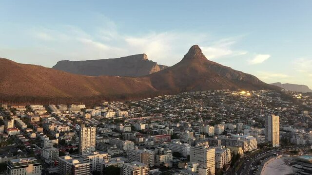 Beautiful aerial drone view of Cape Town during sunset.
