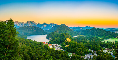 Alpsee with Hohenschwangau castle at sunrise, Bavaria, Germany