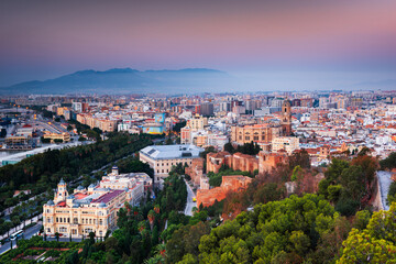 Malaga, Spain cityscape at the Cathedral, City Hall and Alcazaba citadel of Malaga