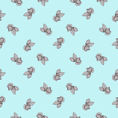 Grey little orchid flowers shapes seamless pattern in hand drawn style. Light blue background.