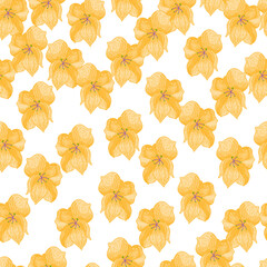 Summer isolated scrapbook seamless pattern with outline orange orchid flowers. White background.
