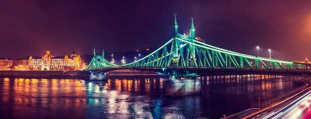 Evening panorama of Liberty bridge in Budapest. Hungary 