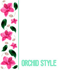 Background with a floral pattern on the side with lilac orchids and green leaves. Design elements are hand drawn with watercolor, floral decor, signage, invitations, price tags