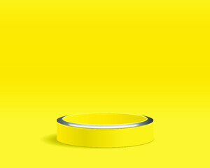 Pedestal with glowing light circle isolated on a yellow background. 3d rendering