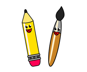 Pencil and paintbrush on a white background. Cartoon. Vector illustration.