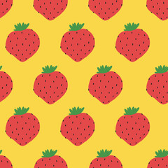 Seamless pattern with strawberries on a pink background. Repeating illustration for web and fabric design. Cartoon hand drawn style. For wallpaper and social media design