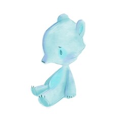 soft blue teddy bear toy sits on a white background