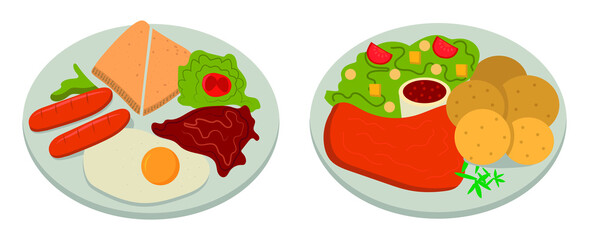
vector image of plates with breakfast and dinner food