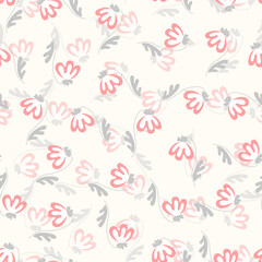 Seamless floral pattern based on traditional folk art ornaments. Colorful flowers on light background. Scandinavian style. Sweden nordic style. Vector illustration. Simple minimalistic pattern