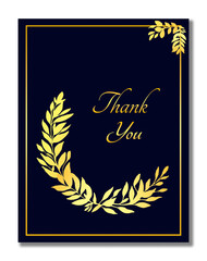 Wedding invitation card. With golden gradient leaves in a square frame on a dark blue background. Congratulatory.