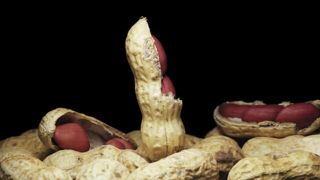 Incompletely peeled peanuts rotate in their husks. A scattering of peanuts in shell.