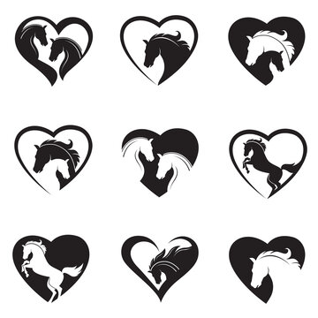 collection of emblem with horse head in heart isolated on white background