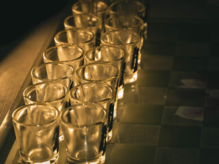 Chess board with shot glasses, board game for adults.
