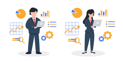 businessman and businesswoman analyzing information with laptops. The creative concept idea of business data analysis and marketing. Simple trendy cute vector illustration. Modern flat style graphic.