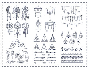 Big collection of decorative elements of Native American tribal. Dream catchers, feathers, arrows, patterned attributes and ornaments isolated on white background. Vector illustration - obrazy, fototapety, plakaty