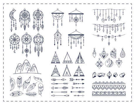 Big collection of decorative elements of Native American tribal. Dream catchers, feathers, arrows, patterned attributes and ornaments isolated on white background. Vector illustration