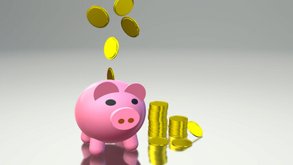 Golden coins falling into a piggy bank. Pink piggy bank. Money saving concept. saving money is an investment for the future. Banking investment. 3D illustration. 3d render.