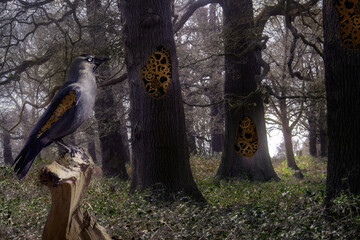 Fantasy steampunk concept. Black bird with gears in the forest.