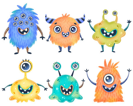 Illustration of cute cartoon aliens set. Cute monster isolated on white background.