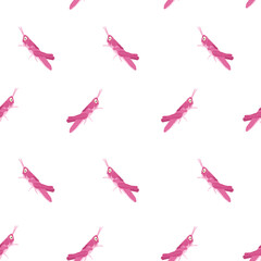 Vector seamless pattern of pink grasshoppers on a transparent background. Fauna digital paper.