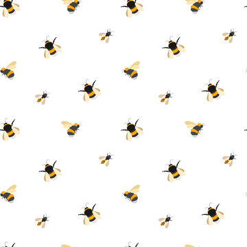 Vector seamless pattern of bumblebees, bees and wasps. Static ornament of striped insects on a transparent background.