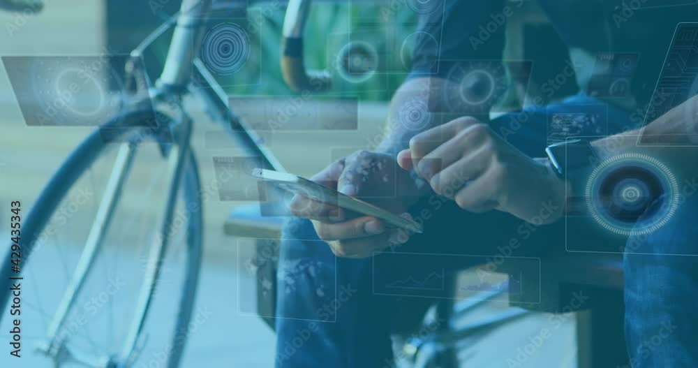 Poster animation of scopes scanning and data processing on screens over man using smartphone