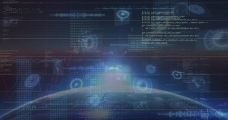 Animation of scopes scanning and data processing on screens over globe and sun - Powered by Adobe