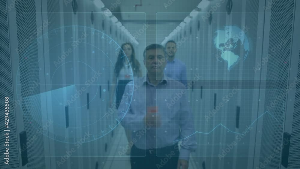 Poster animation of scopes scanning, globe and data processing on screens over people and computer servers